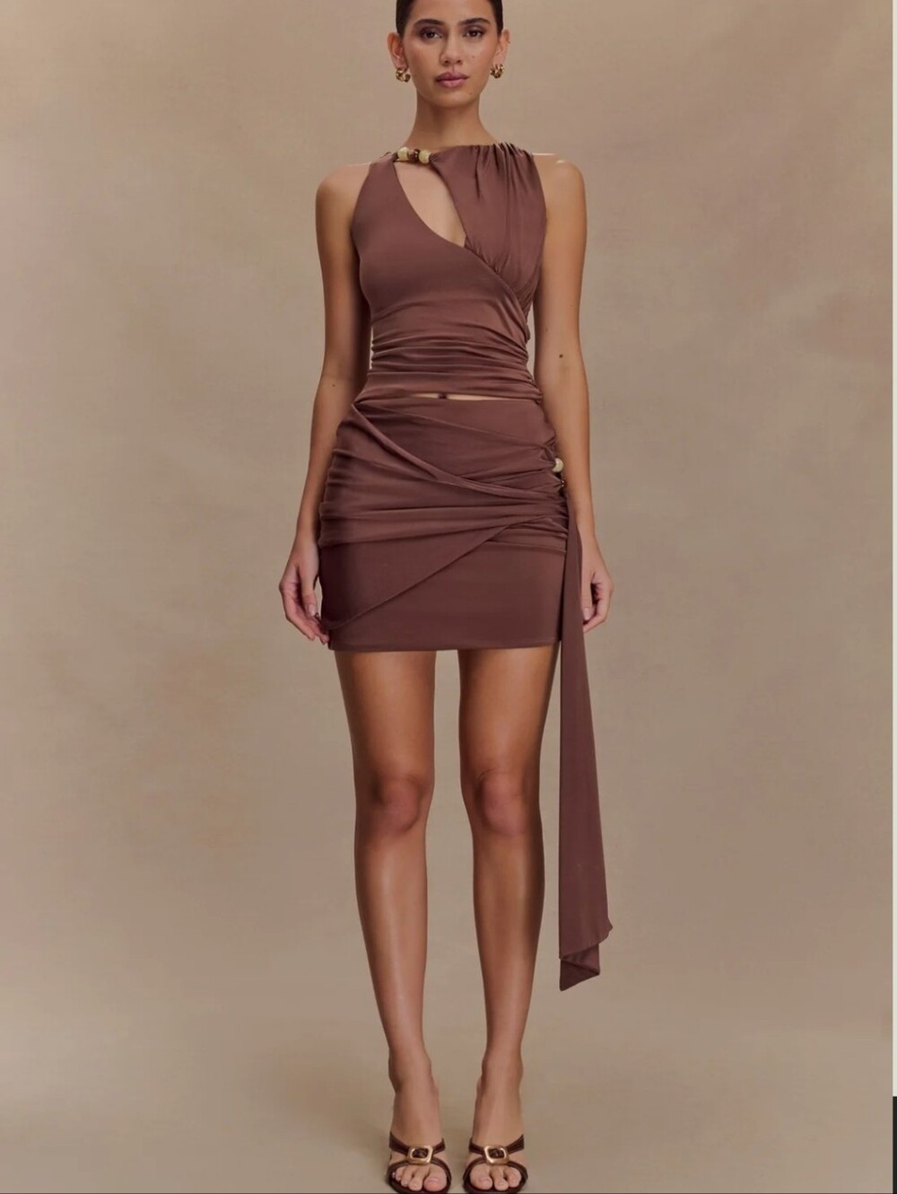 MESHKI Alicent Mini Skirt NWT | Chocolate Brown | Ruched Wrap | Y2K Style Size M